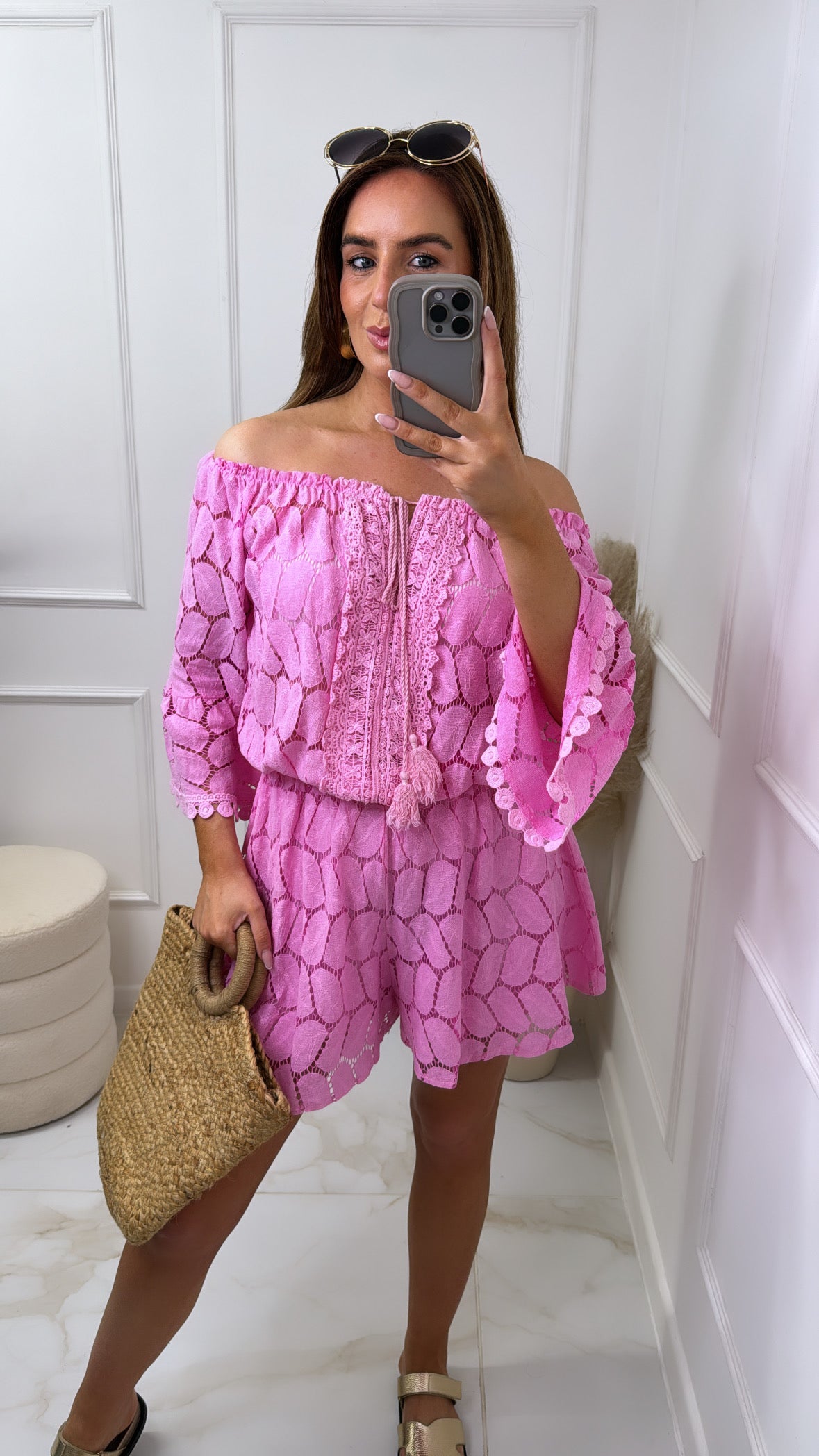 NANCY pink crochet bardot flared playsuit