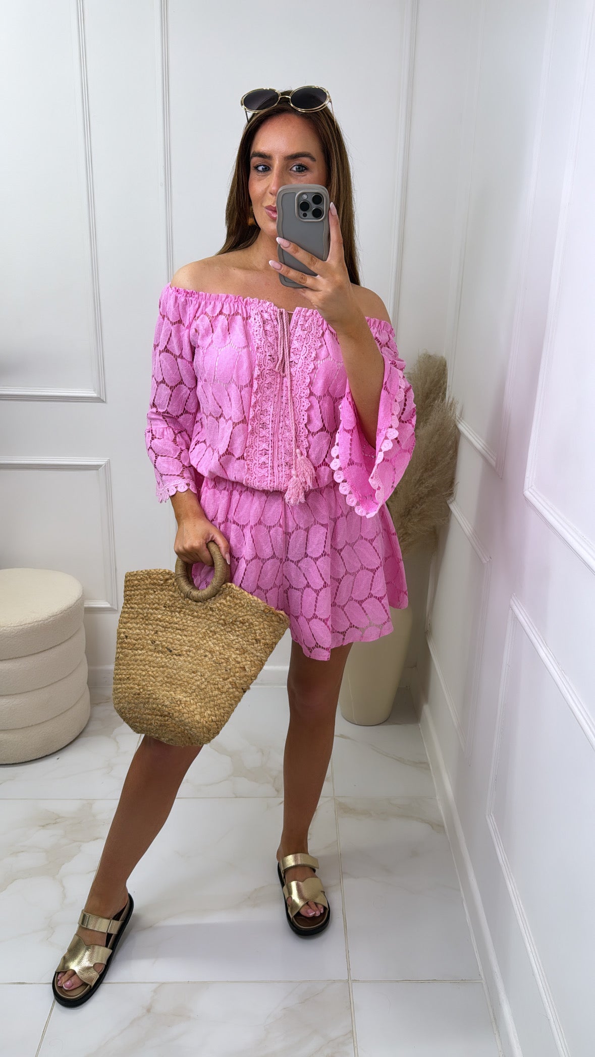 NANCY pink crochet bardot flared playsuit