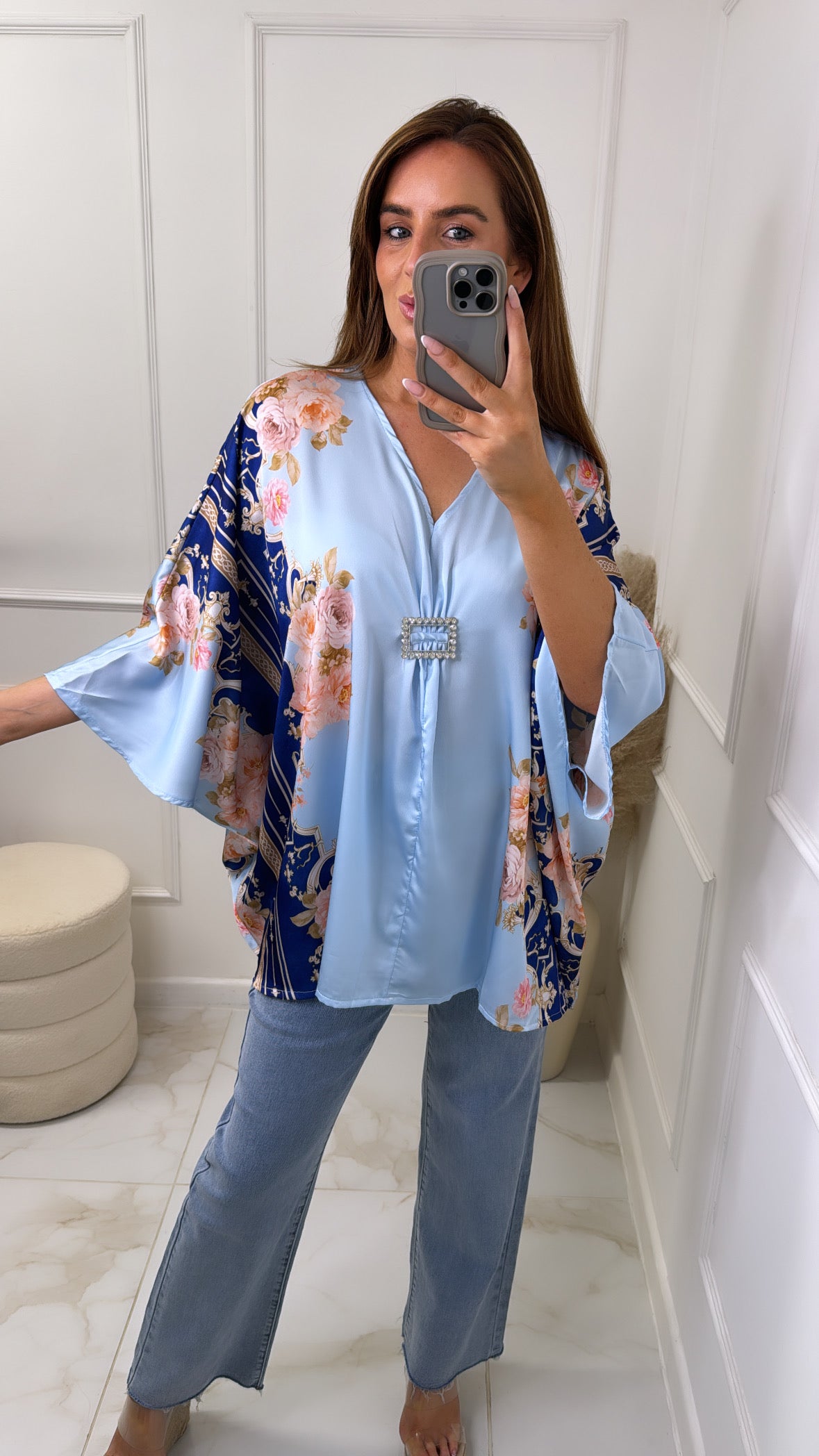 MAE blue & navy printed diamond buckle top