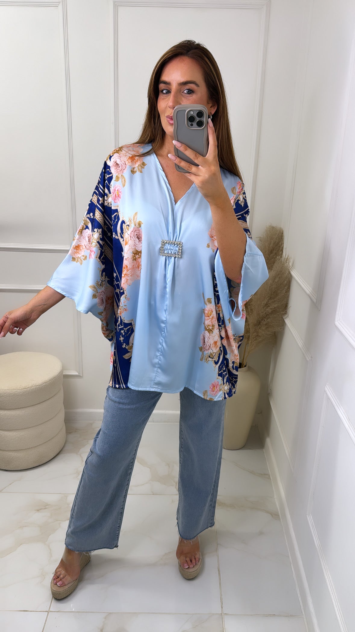 MAE blue & navy printed diamond buckle top