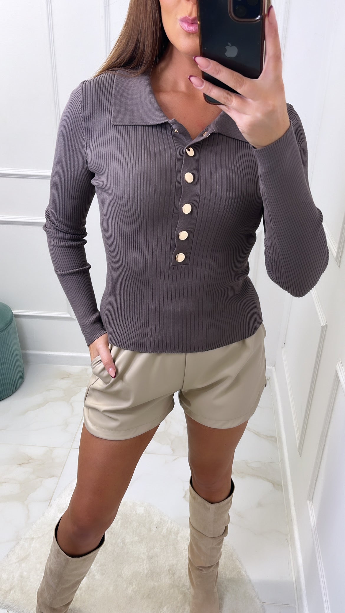 ROSIE taupe fine knit button front jumper