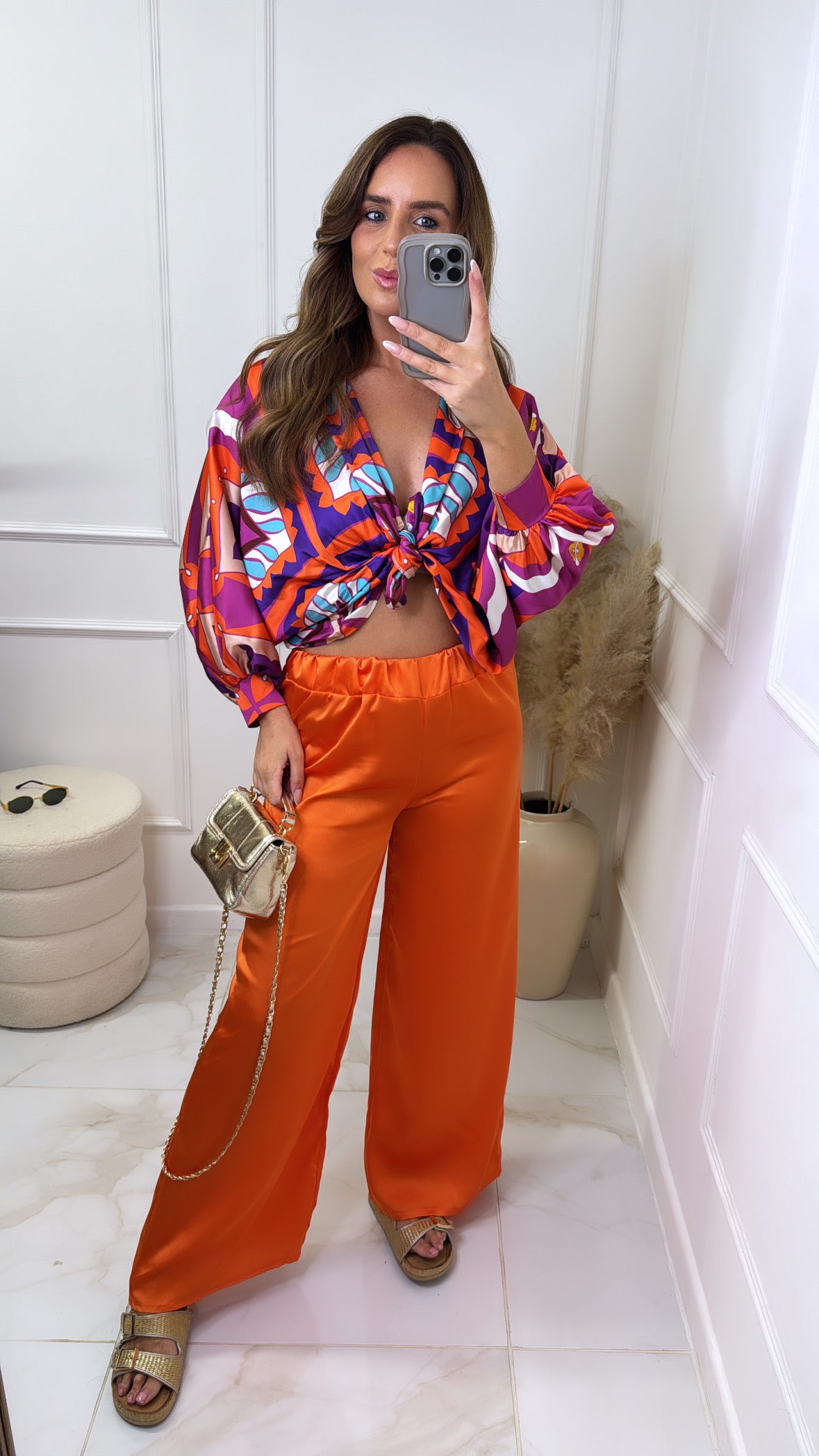 REYNA orange printed knot front trouser set