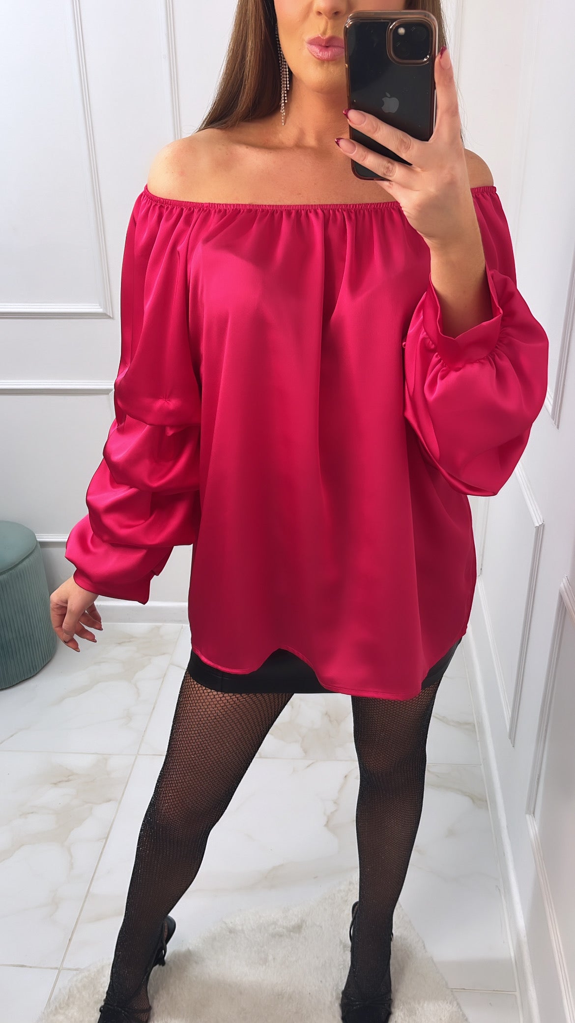 VIOLET fuchsia ruched sleeve satin top