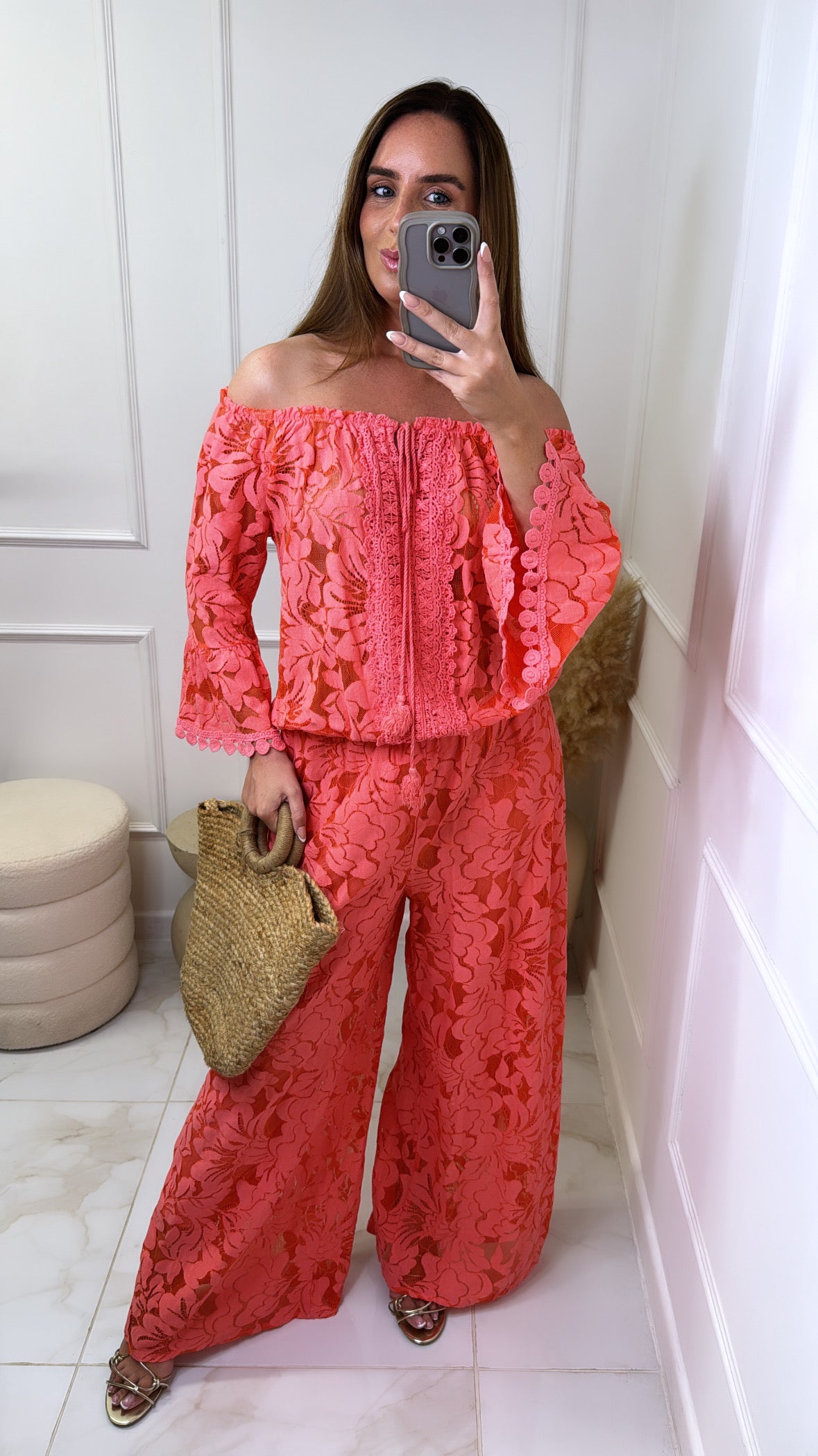 WILLOW coral lace wide leg jumpsuit