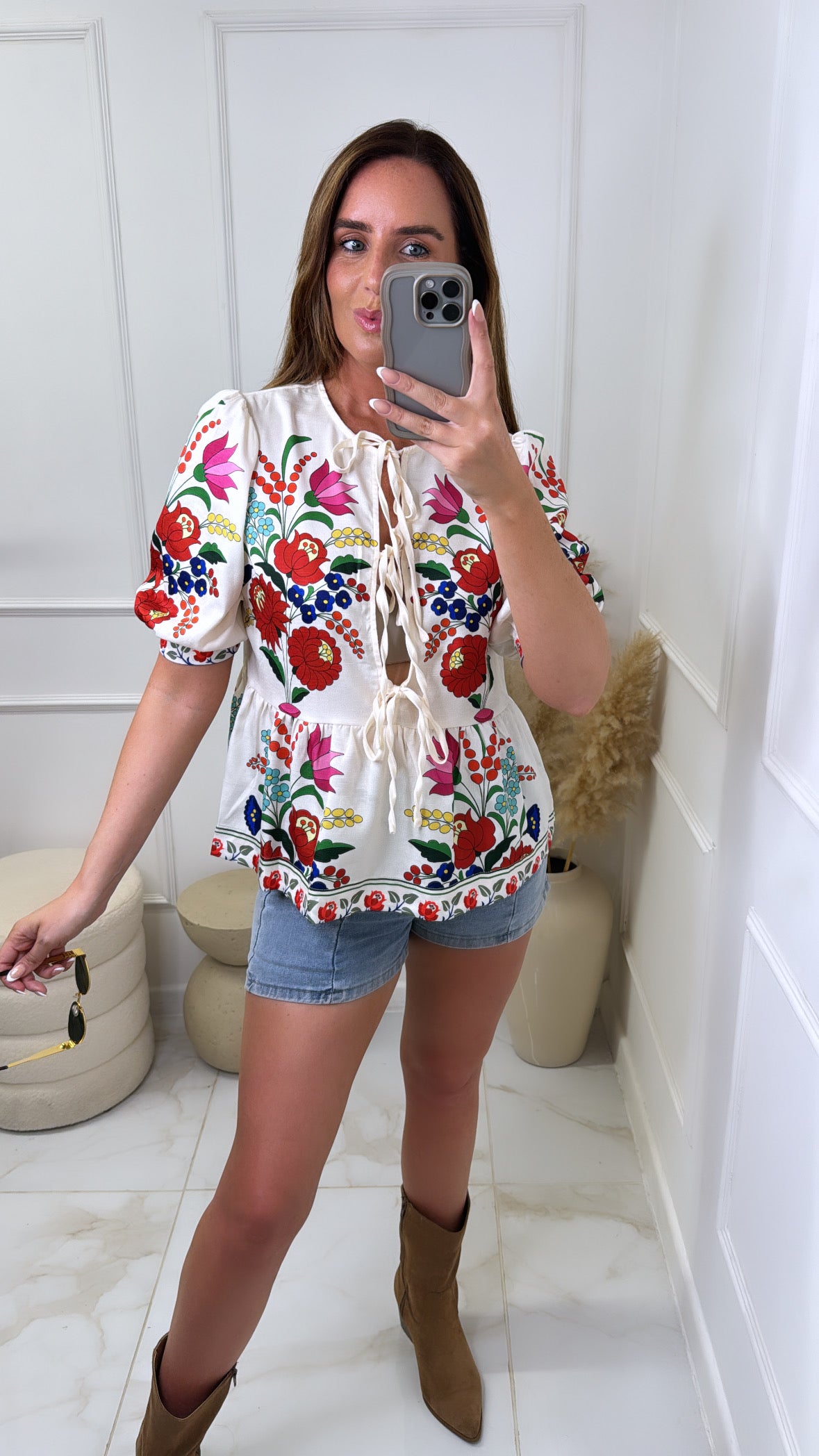 ELLIE white floral printed tie front top