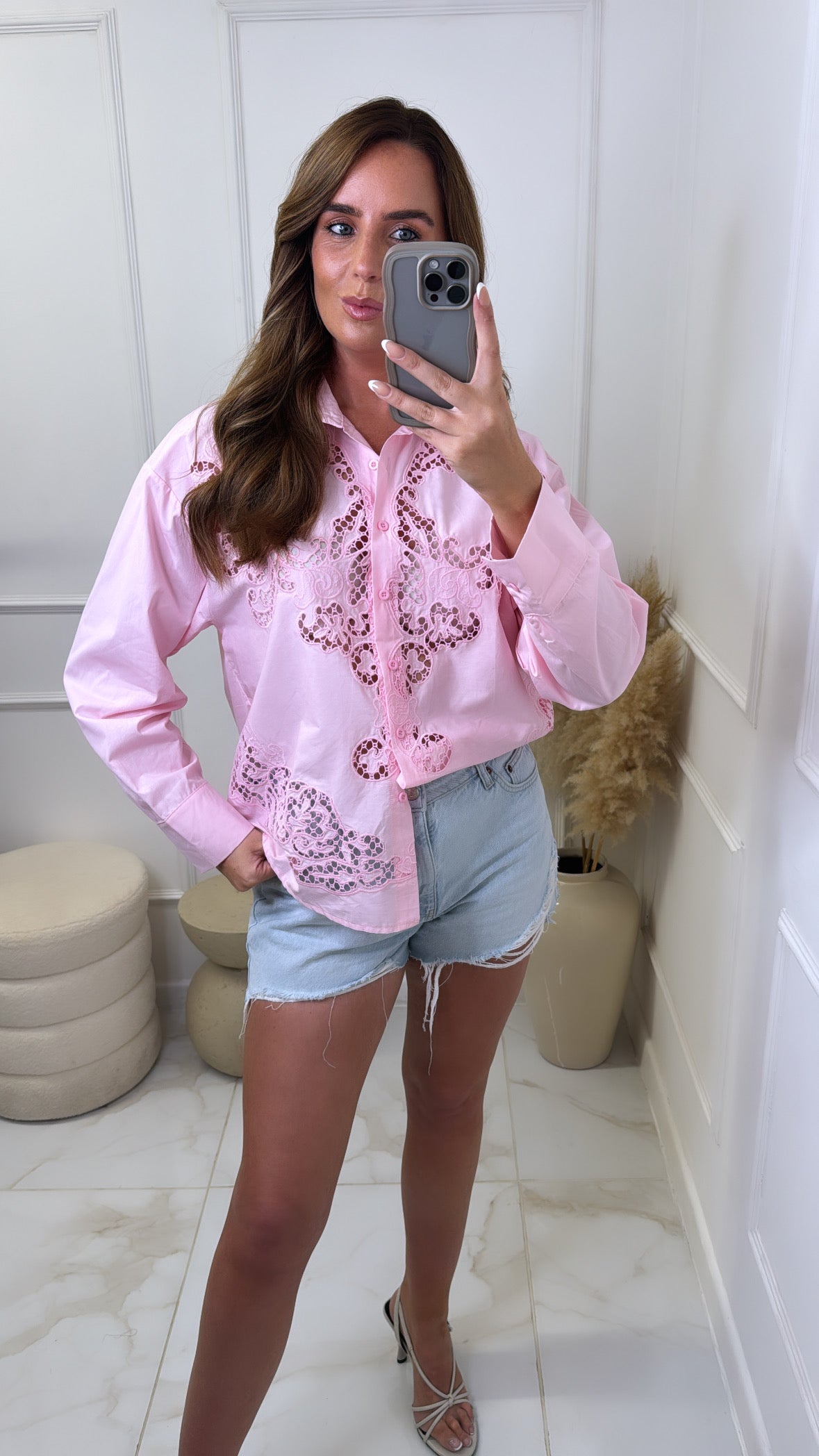 MARTHA pink crochet detail shirt