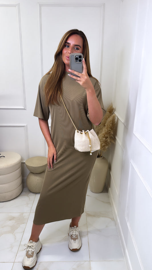 COURTNEY taupe fine knit midi dress
