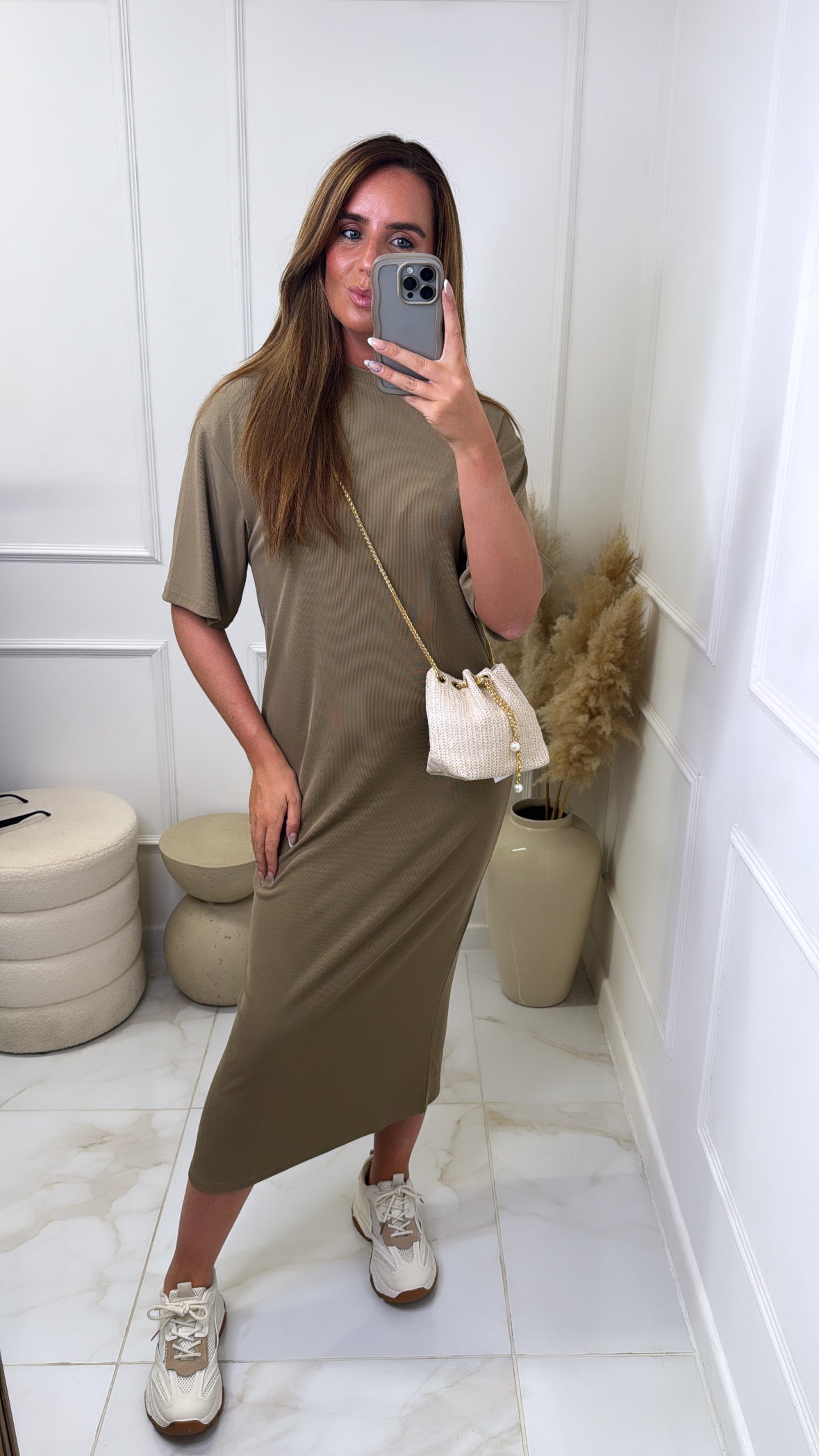 COURTNEY taupe fine knit midi dress