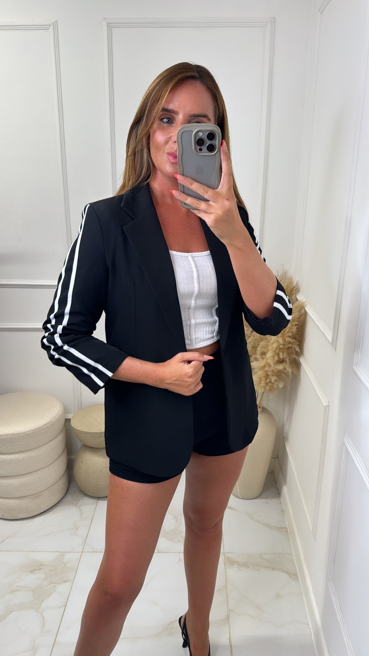 ELISE black contrast stripe ruched blazer