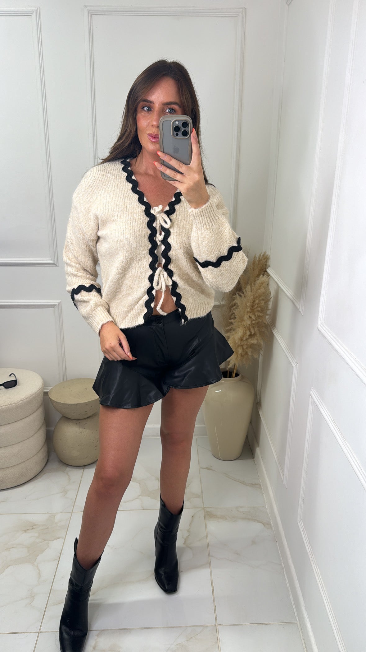 SADIE beige contrast tie front cardigan