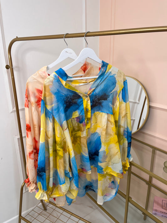 JASMINE blue sheer floral blouse
