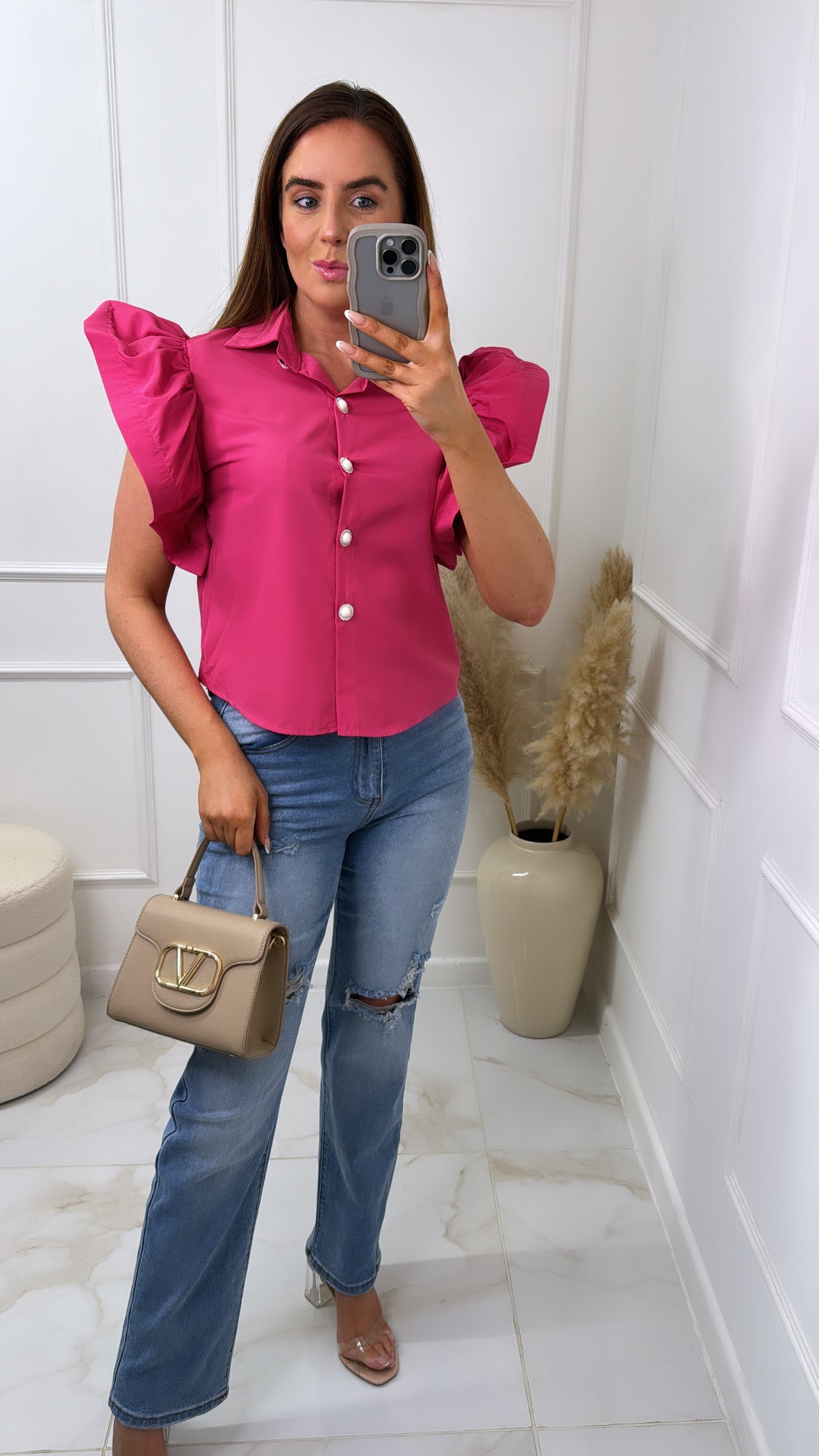 MASIE pink frill sleeve boxy blouse