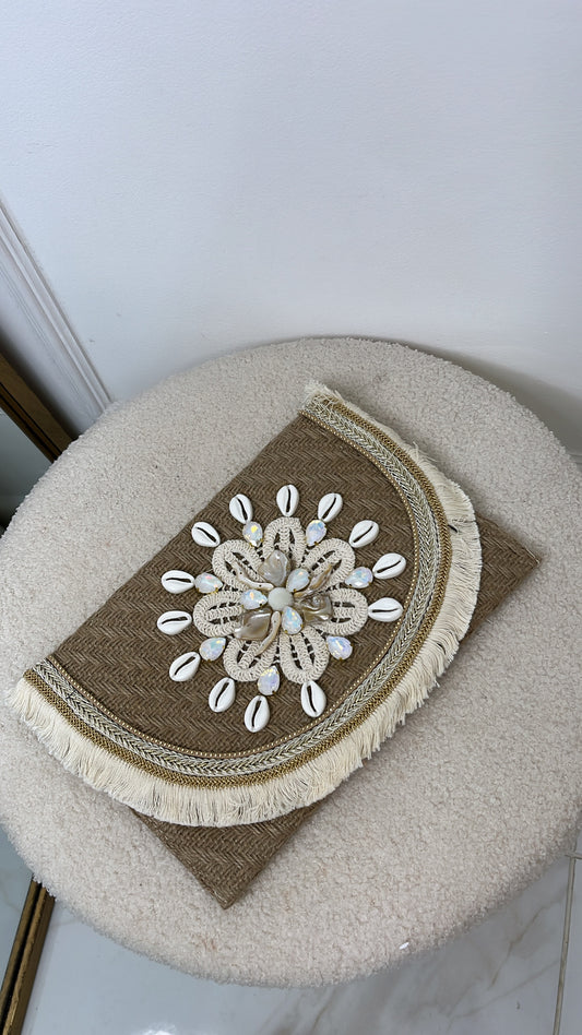 KIKI beige shell embroidered clutch bag