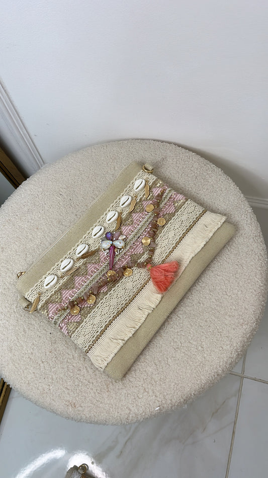 ARABELLA cream crystal tassel clutch bag