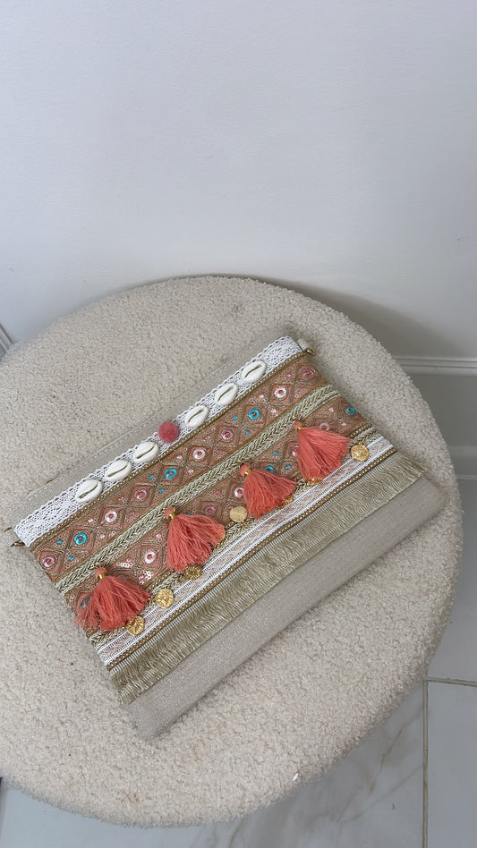 PHOEBE pink shell tassel clutch bag