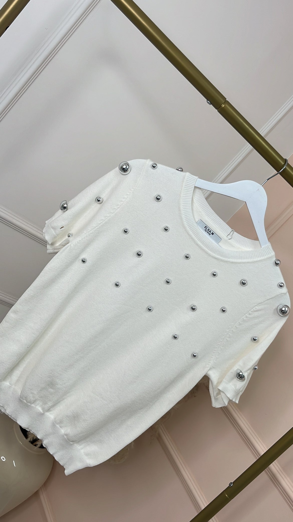 EDIE white short sleeve fine knit studded top
