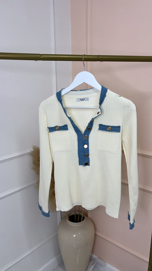 DELILAH cream denim trim jumper
