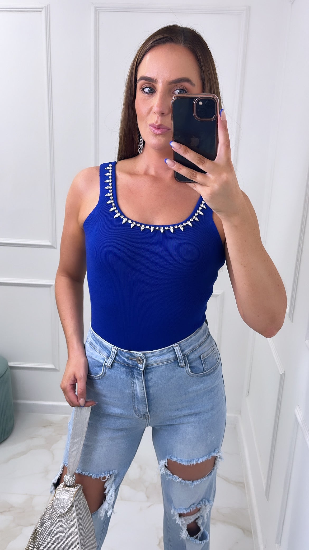 ARIA cobalt blue fine knit diamante bodysuit