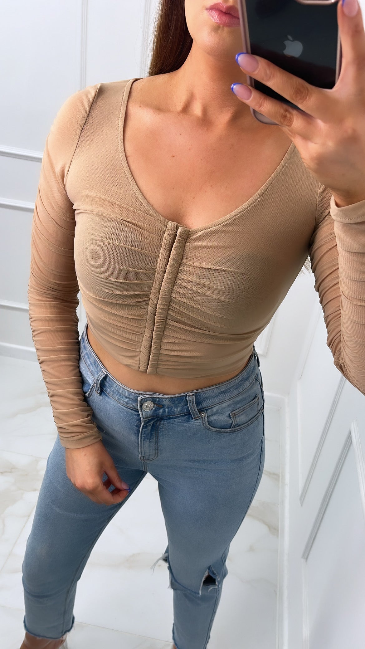 DARCY taupe mesh ruched top